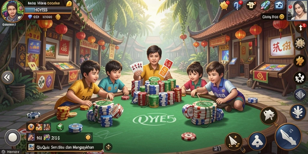 Screenshot gameplay seru HOYE55 yang menggambarkan aksi QiuQiu.