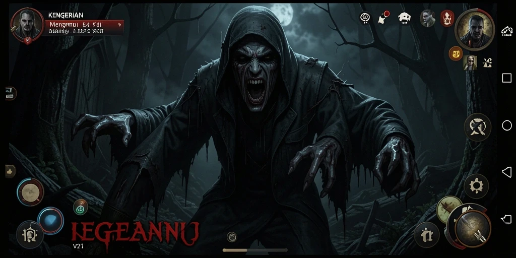 Tampilan gameplay V21 yang penuh ketegangan dan kegelapan.